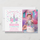 魔法のユニコーン誕生日招待状 ピンク＆シルバー 招待状 (正面)