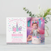 魔法のユニコーン誕生日招待状 ピンク＆シルバー 招待状 (スタンド正面)