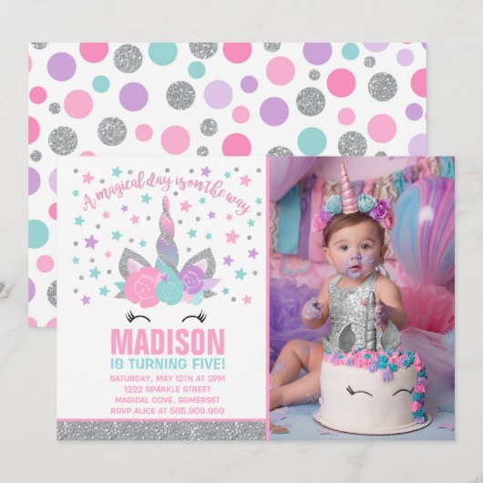 魔法のユニコーン誕生日招待状 ピンク＆シルバー 招待状 (正面/裏面)