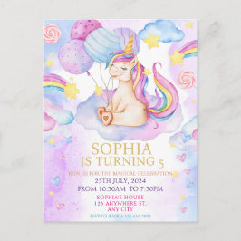 魔法のユニコーン誕生日招待状 レインボー ポストカード
