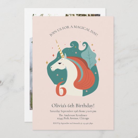 魔法のユニコーン誕生日 招待状 (正面/裏面)