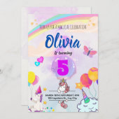魔法のユニコーン誕生日 色とりどりの虹 招待状 (正面/裏面)
