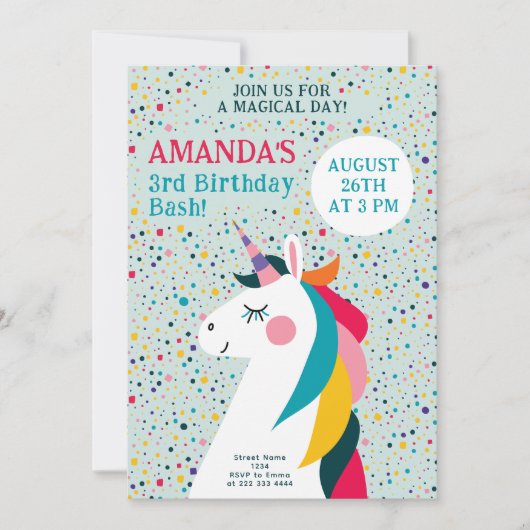 魔法のユニコーン誕生日Bash編集可能キッズパーティー 招待状 (正面)