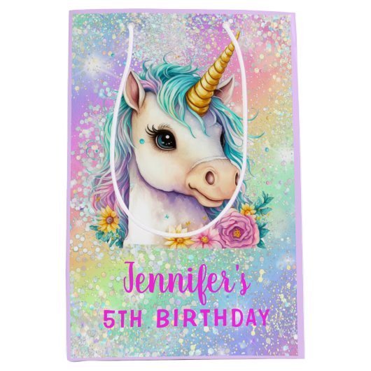 魔法のユニコーン輝く虹 ミディアムペーパーバッグ (正面)