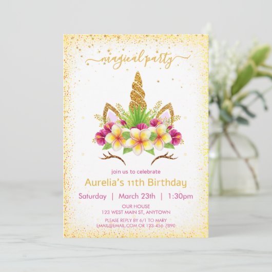 魔法のユニコーン顔と花模様の女の子の誕生日 招待状 (スタンド正面)