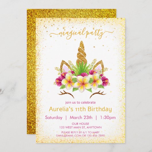 魔法のユニコーン顔と花模様の女の子の誕生日 招待状 (正面/裏面)