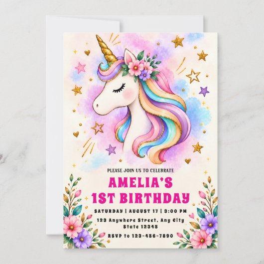 魔法のユニコーン1歳の誕生日招待状 招待状 (正面)
