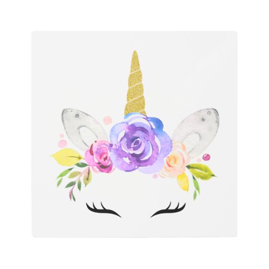 魔法のユニコーン,かわいいユニコーン,女の子の子供部屋,ピンク メタルプリント (正面)