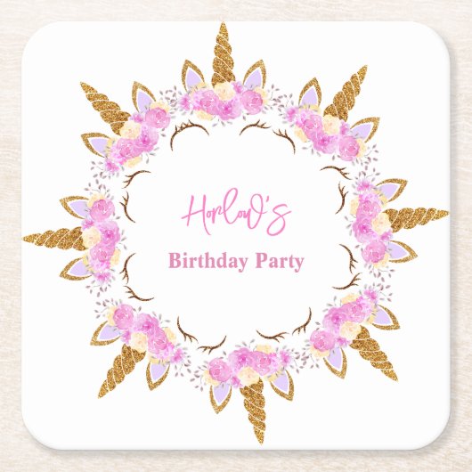 魔法のユニコーン パーティー 誕生日 スクエアペーパーコースター (正面)