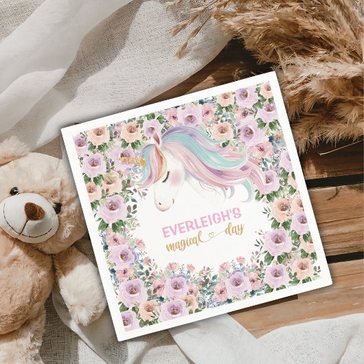 魔法のユニコーン ピンクの花 1歳の誕生日 スタンダードカクテルナプキン