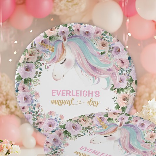 魔法のユニコーン ピンクの花 1歳の誕生日 ペーパープレート