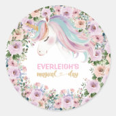 魔法のユニコーン ピンクの花 1歳の誕生日 ラウンドシール (正面)