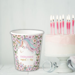 魔法のユニコーン ピンクフラワー 誕生日 紙コップ
