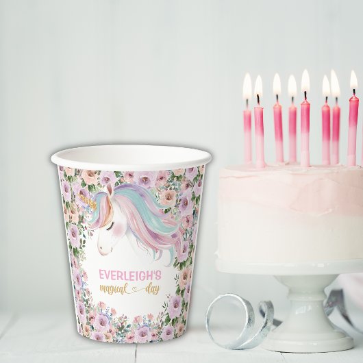 魔法のユニコーン ピンクフラワー 誕生日 紙コップ