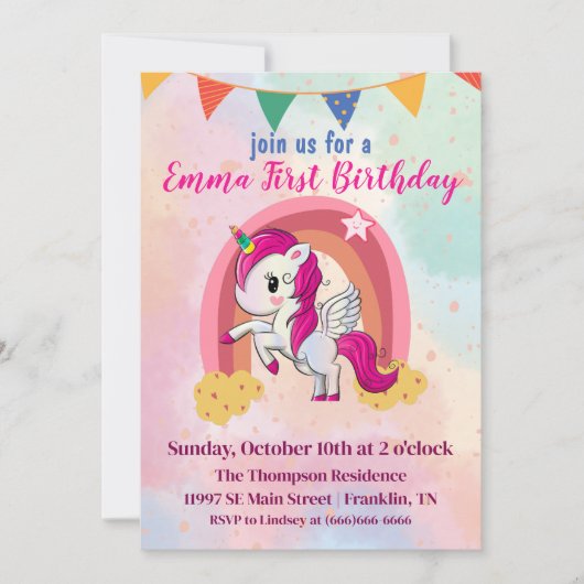 魔法のユニコーン ピンク水彩 1歳誕生日 サンキューカード (正面)