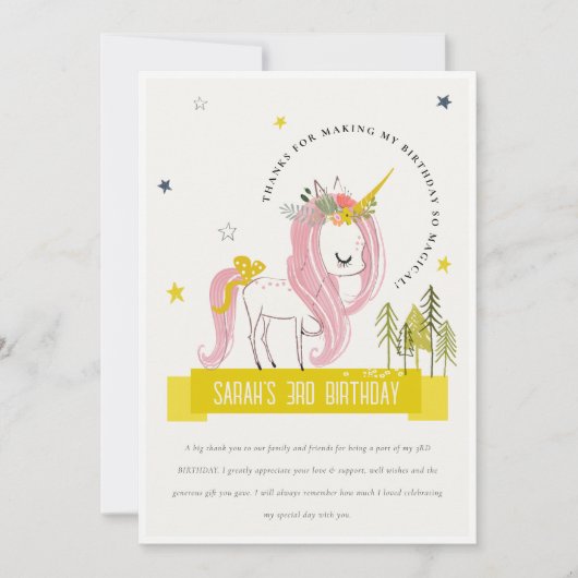 魔法のユニコーン ピンク黄色 子供 フォト 誕生日 サンキューカード (正面)