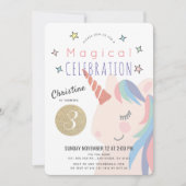 魔法のユニコーン ピンク×ゴールドの女の子の誕生日 招待状 (正面)