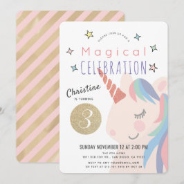 魔法のユニコーン ピンク×ゴールドの女の子の誕生日 招待状