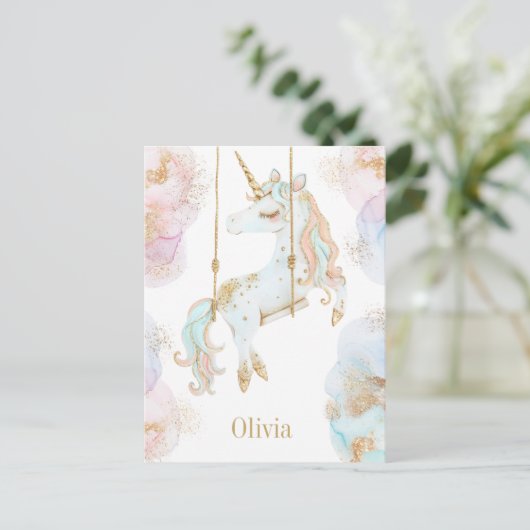 魔法のユニコーン ピンク&ゴールド 女の子の名前 ポストカード (スタンド正面)