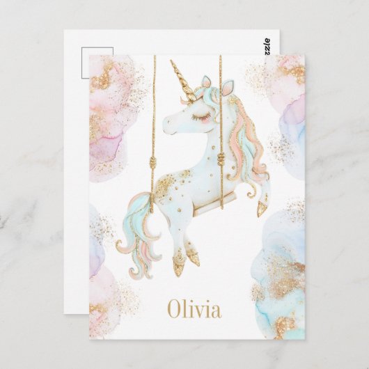 魔法のユニコーン ピンク&ゴールド 女の子の名前 ポストカード (正面/裏面)