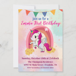 魔法のユニコーン ピンク 水彩 1歳 誕生日 サンキューカード