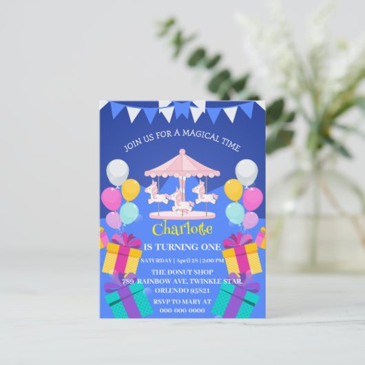 魔法のユニコーン レインボー カルーセル パターン 誕生日 ポストカード (スタンド正面)