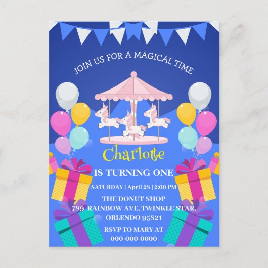 魔法のユニコーン レインボー カルーセル パターン 誕生日 ポストカード (正面)