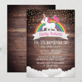 魔法のユニコーン & レインボー ゴールド コンフェッティ 誕生日 招待状 (正面/裏面)