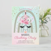 魔法のユニコーン レインボー 3歳の誕生日 ピンク ティール 招待状 (スタンド正面)