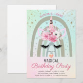 魔法のユニコーン レインボー 3歳の誕生日 ピンク ティール 招待状 (正面/裏面)