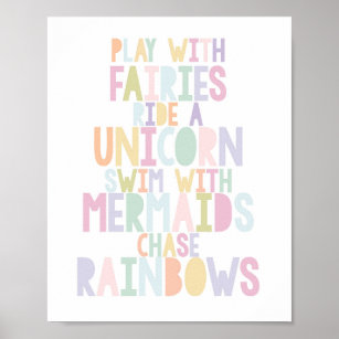 魔法のユニコーン，妖精，人魚，虹のプリント ポスター
