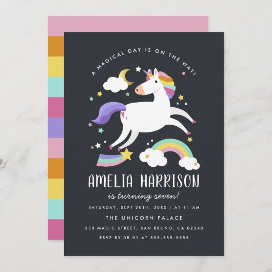 魔法のユニコーン、星と虹の誕生日パーティー 招待状 (正面/裏面)