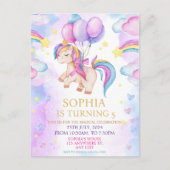 魔法のユニコーン 紫の水彩画 バースデーパーティー ポストカード (正面)