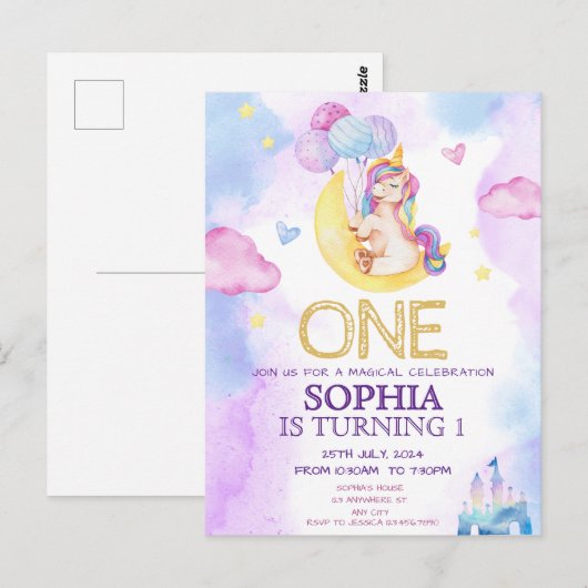 魔法のユニコーン 紫 水彩画 誕生日パーティー ポストカード (正面/裏面)