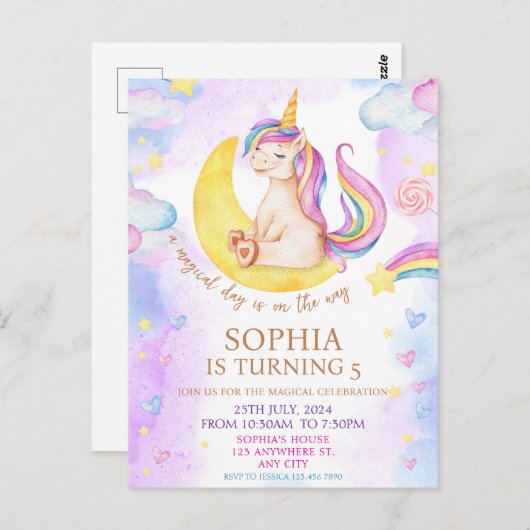 魔法のユニコーン 紫 水彩画 誕生日パーティー ポストカード (正面/裏面)