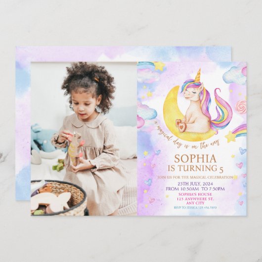 魔法のユニコーン 紫 水彩画 誕生日パーティー 招待状 (正面/裏面)