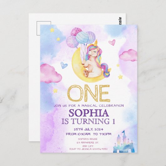 魔法のユニコーン 紫 水彩 誕生日パーティー ポストカード (正面/裏面)