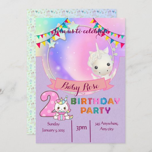魔法のユニコーン – 2nd誕生日パーティの招待状 招待状 (正面/裏面)