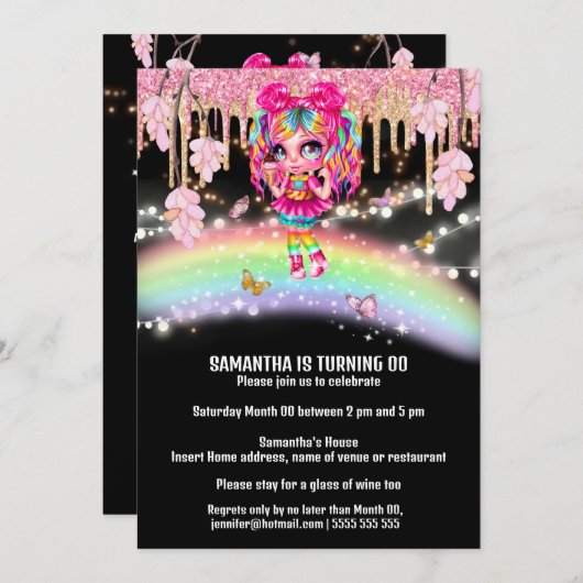 魔法のレインボーガールファンタジーグリッターライトフローラ 招待状 (正面/裏面)