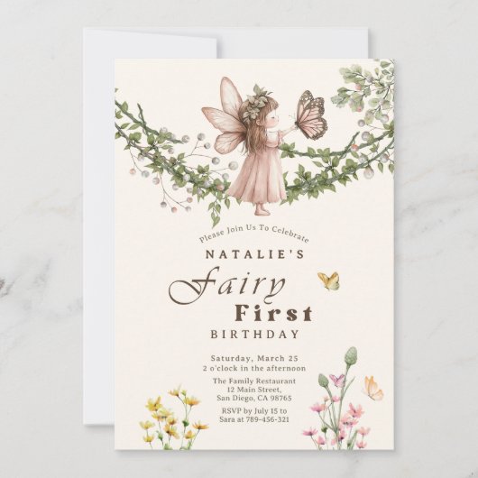 魔法のワイルドフラワーバタフライフェアリーファースト誕生日 招待状 (正面)
