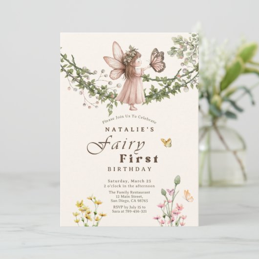 魔法のワイルドフラワーバタフライフェアリーファースト誕生日 招待状 (スタンド正面)