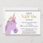 魔法のワイルドワンユニコーンパープル金ゴールド赤ちゃんシャワー 招待状 (正面)