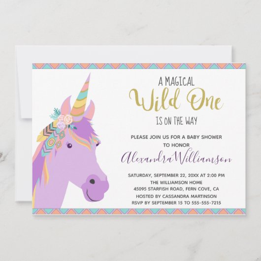 魔法のワイルドワンユニコーンパープル金ゴールド赤ちゃんシャワー 招待状 (正面)