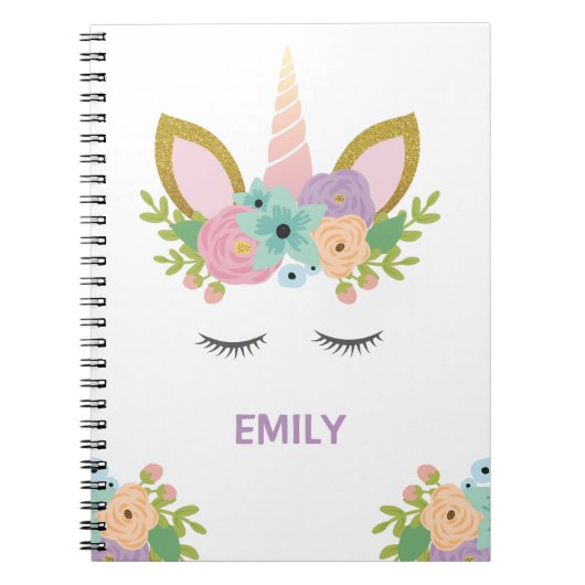 魔法の一角パーソナライズされた獣名ガーリーグリッター  ノートブック (正面)