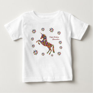 魔法の一角獣の花の誕生日白の個人設定 ベビーTシャツ