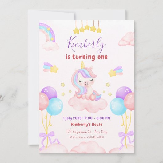 魔法の一角紫色とピンクの誕生日パーティー 招待状 (正面)