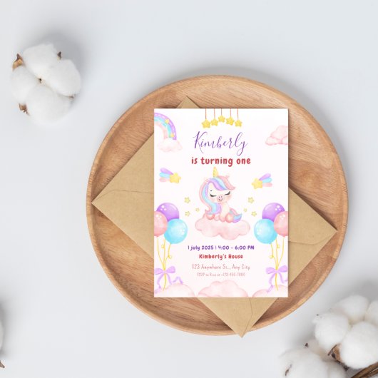 魔法の一角紫色とピンクの誕生日パーティー 招待状