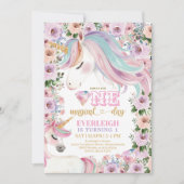 魔法の一角紫色の花1歳の誕生日 招待状 (正面)