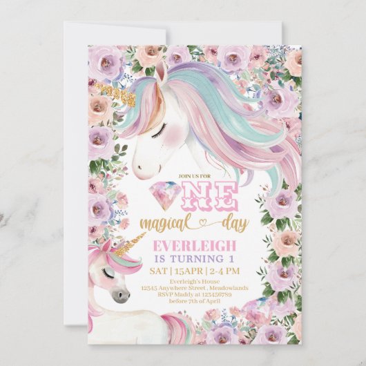 魔法の一角紫色の花1歳の誕生日 招待状 (正面)