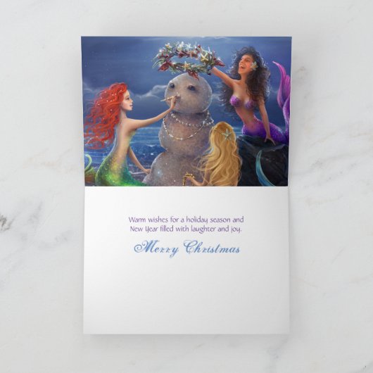 魔法の人魚がビーチのカラフルクリスマス シーズンカード (内部)